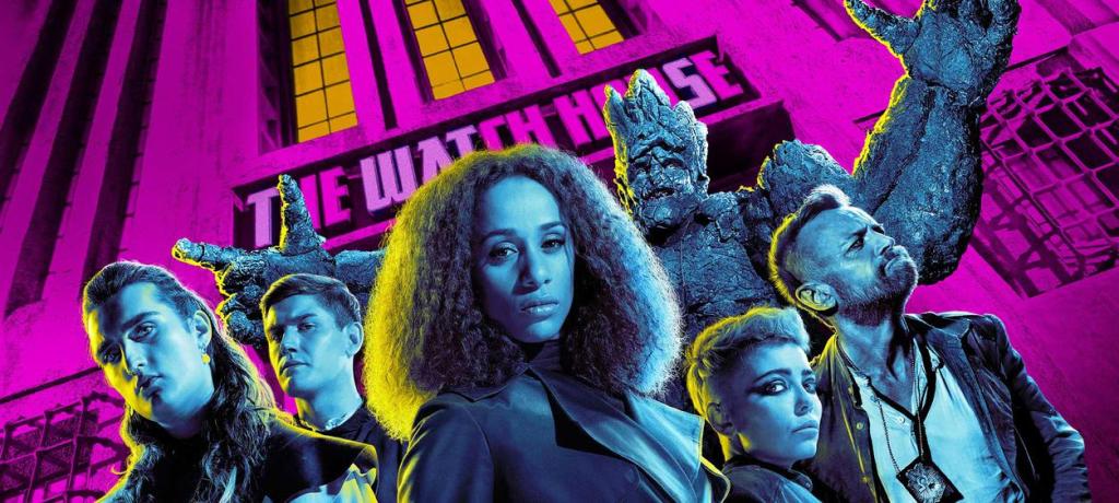 A promotional image from BBC America's "The Watch", featuring Cheery, Carrot, Sybil, Detritus, Angua, and Sam.