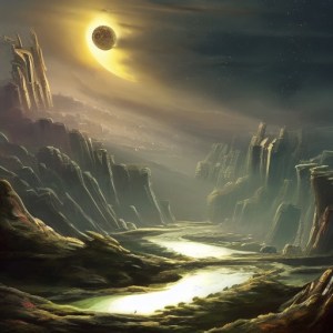 A sci-fi landscape. There is a river running from the background to the foreground, and a partial eclipse obscured by clouds.