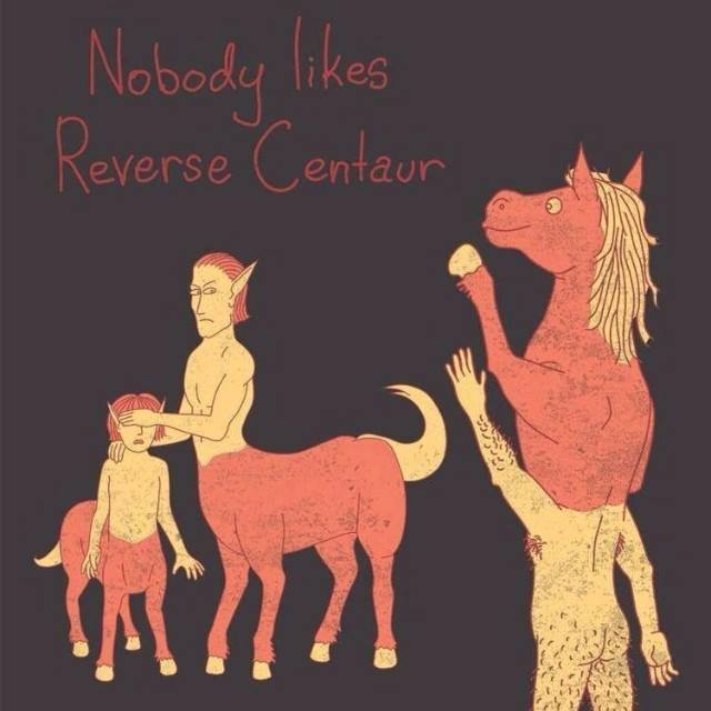 A comic showing two "conventional" centaurs - a human torso on a horse body, and one "reverse" centaur -a horse torso on a human body.